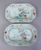 TWO 18TH CENTURY CHINESE FAMILLE ROSE PORCELAIN DISHES, decorated with flora and cranes, 28cm x