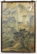 A LARGE CHINESE FRAMED PAINTING ON TEXTILE OF A LANDSCAPE, depicting a native landscape scene with