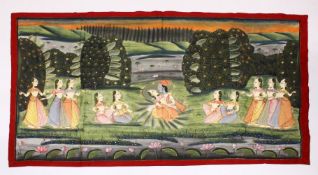 A RAJASTHAN INDIAN PICHWAI PANTING OF KRISHNA AND GOPIS FROM NATHDWARA, 115cm x 185cm.
