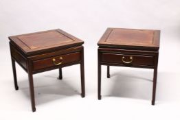 A PAIR OF CHINESE 19TH / 20TH CENTURY HARDWOOD SIDE TABLES, each with a drawer and stood upon four