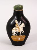 A GOOD 19TH / 20TH CENTURY CHINESE FAMILLE NOIR SNUFF BOTTLE, decorated with scenes of a figure upon
