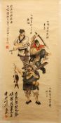 A CHINESE HANGING SCROLL PAINTING AFTER FUBAO SHI, depicting three figures stood aside calligraphy,
