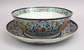 A LARGE 18TH CENTURY CHINESE FAMILLE ROSE PORCELAIN BOWL AND DISH, FOR ISLAMIC MARKET, decorated