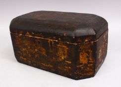 A CHINESE 19TH CENTURY LACQUER DECORATED CASKET, decorated with scenes of villace views, 37cm wide x