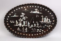 A GOOD 19TH CENTURY CHINESE HARDWOOD & MOTHER OF PEARL INLAID TRAY, the tray inlaid with shell to