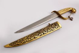 A FINE INDIAN GILT METAL DAGGER WITH WATERED STEEL BLADE, with floral carved sheath and hilt, 30cm.