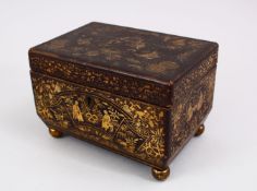 A 19TH CENTURY CHINESE WOOD & LACQUER BOX, decorated with sceens of figures in landscapes, 12cm x