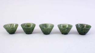 FIVE GOOD CHINESE CARVED SPINACH JADE BOWLS, 5CM.