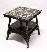 A 19TH CENTURY CHINESE EBONY SQUARE FORM INLAID TABLE, the table top inlaid with bone to depict
