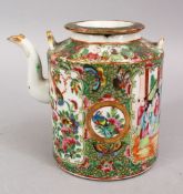 A 19TH CENTURY CHINESE CANTON FAMILLE ROSE PORCELAIN TEA POT, with panel decoration of figures,