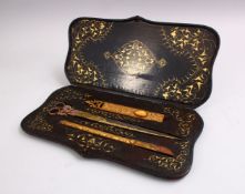 A FINE SET OF BOXED TURISH / ISLAMIC GOLD INLAID STEEL CALLIGRAPHY TOOLS, scissors 28cm, presented