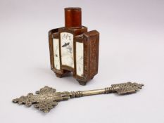 A CHINESE REPUBLIC STYLE PAINTED PANEL METAL TEA CADDY, the caddy in tri sectional form with 6