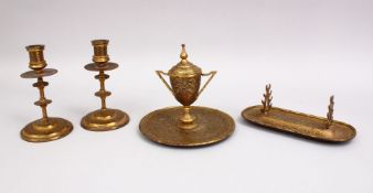 A 19TH CENTURY INDIAN DAMASCUS FOUR PIECE TABLE SET, comprising inkwell, pen holder and a pair of
