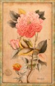 A GOOD QAJAR MINIATURE PAINTING OF TWO BIRDS & FLORAL DECORATION, with arabic script signature,