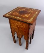 A GOOD 19TH CENTURY ISLAMIC BURR WOOD INLAID CALLIGRAPHIC ABALONE SHELL TABLE, with exotic wood