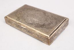 A FINE PERSIAN SIGNED SILVER ENGRAVED BOX, with carved scenes of figures and animals, the base