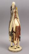 THREE CHINESE IVORY & IVORY LIKE POLYCHROME DECORATED FIGURES , one of a figure upon horseback, 34cm