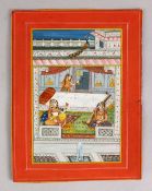 A RAJASTHANI JODHPUR SCHOOL PAINTING, depicting three women in an interior scene, one playing a