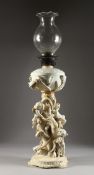 A 19TH CENTURY CREAMWARE OIL LAMP BASE, possibly MOORES, of naturalistic form, with a tree branch