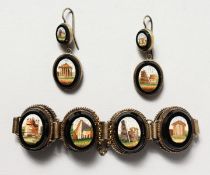 A SUPERB ITALIAN MICROMOSAIC BRACELET with eight mosaics and a pair of drop earrings.