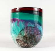 A LARGE CIRCULAR GLASS BOWL, with splash decoration, signed Anthony Stern. 13ins high x 10ins