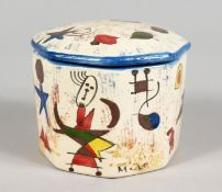 MIRO, A SMALL HAND PAINTED OCTAGONAL SHAPED POTTERY BOX AND COVER, painted with abstract shapes. 3.
