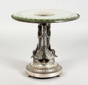 A SUPERB RUSSIAN SILVER CENTREPIECE / TAZZA with circular glass top, 9.5ins diameter. The stand with