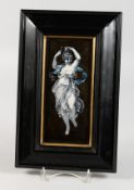 EN ENAMEL PLAQUE, probably Limoges, of a classical young lady playing a triangle, in an ebonised