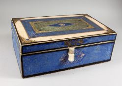 A FINELY DECORATED DECOUPAGE BOX AND HINGED LID. 15ins long.