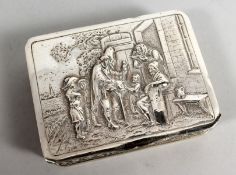 A DUTCH SILVER SNUFF BOX, the lid repousse with an old man selling toys. 3.75ins long.