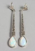 A PAIR OF SILVER, MARCASITE AND OPAL EARRINGS. 2.5ins long.