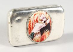 A SILVER SNUFF BOX, with later applied enamel. 3ins x 2ins.