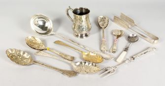 VARIOUS ITEMS OF PLATE; christening mug, ladle, berry spoon etc.