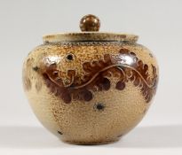 A MARTIN WARE STYLE POTTERY JAR AND COVER. 5ins high.