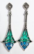 A PAIR OF SILVER AND ENAMEL ART NOUVEAU STYLE DROP EARRINGS.