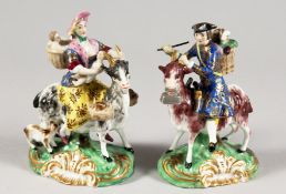 A PAIR OF SAMSON DERBY PORCELAIN FIGURES OF THE TAILOR AND HIS WIFE. 4.5ins high.