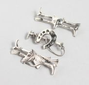 THREE NOVELTY SILVER FOX HUNTING PINS.