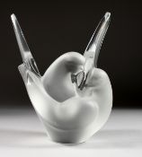 A MODERN LALIQUE GLASS VASE, modelled as a dove with wings outswept. 8ins high.