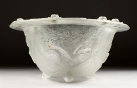 A FRENCH MOULDED FROSTED GLASS CIRCULAR BOWL, in the Lalique style, decorated with mermaids. 12.5ins