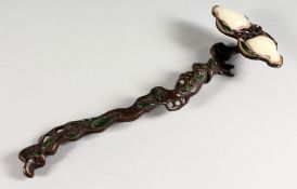 A BRONZE AND HARDSTONE SMALL RUI SCEPTRE. 10.5ins long.