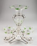 A GOOD ART NOUVEAU PLATED AND GLASS EPERGNE. 14ins high.
