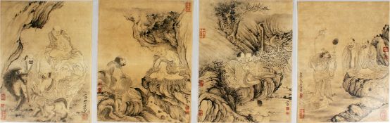 FOUR CHINESE SILKWORK PICTURES. 11ins x 8ins.