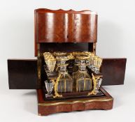 A GOOD 19TH CENTURY FRENCH PARQUETRY KINGWOOD LIQUEUR SET, with rising, folding top, hinged sides,