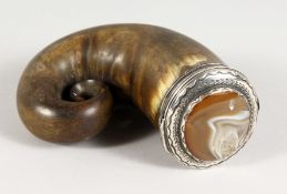 A GOOD GEORGIAN SCOTTISH SNUFF MULL with silver and agate top. 5ins long.
