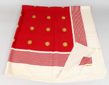 A VINTAGE CHANEL SILK SCARF, RED AND WHITE STRIPED WITH CHANEL EMBLEM.