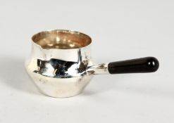 A SMALL MAPPIN & WEBB SILVER BRANDY PAN with wooden handle. Birmingham 1927.