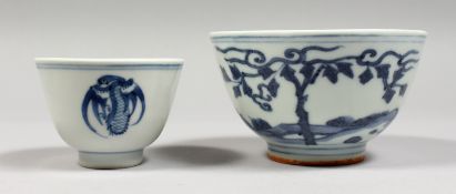 A CHINESE BLUE AND WHITE DECORATED PORCELAIN TEA BOWL, together with a similar large bowl. 3ins &