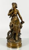 AUGUST MOREAU (1834-1917) FRENCH. A good green patinated bronze of a young lady in contemplation,