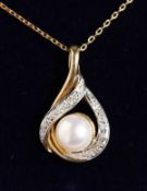 A 9CT GOLD, PEARL AND DIAMOND PENDANT AND CHAIN.