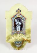 A GOOD ONYX AND CHAMPLEVE ENAMEL HOLY WATER FONT. 12ins long, 7ins wide.